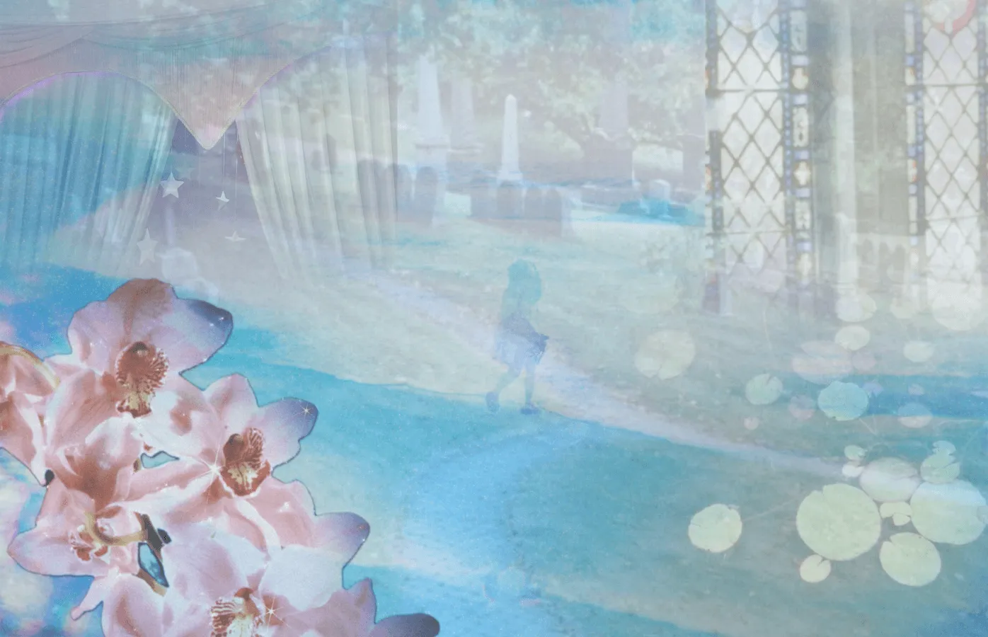 Aesthetic, vibey image of Penelope on a vapor-path to nowhere with some in the foreground